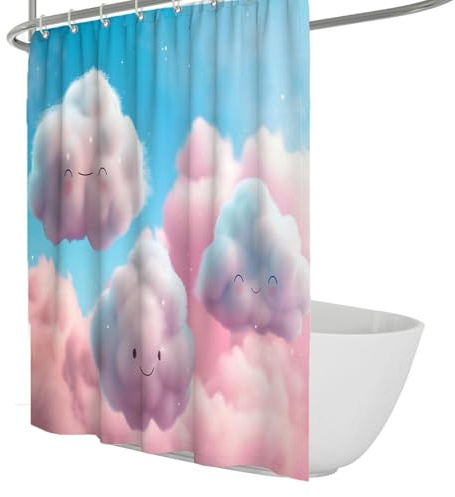 Lindo telón de Ducha Azul Nube Rosa Tela Juego Cortinas de Ducha Impermeables con Ganchos Cortina de baño de Dibujos Animados para la decoración de la habitación guardería 90x180