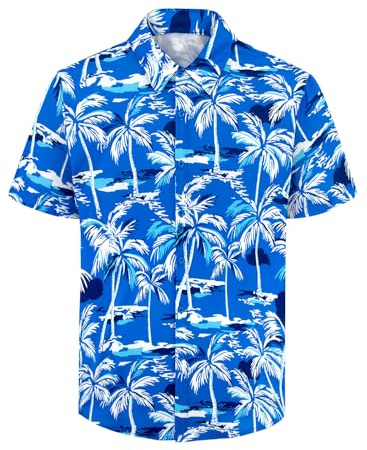 XiaoMoSha Mens Hawaiian Shirts Short Sleeve Wrinkle Free Button Down Summer Casual Shirt for Men Tropical Holiday Beach Funky Party Tops, NavyBlueTree, Medium