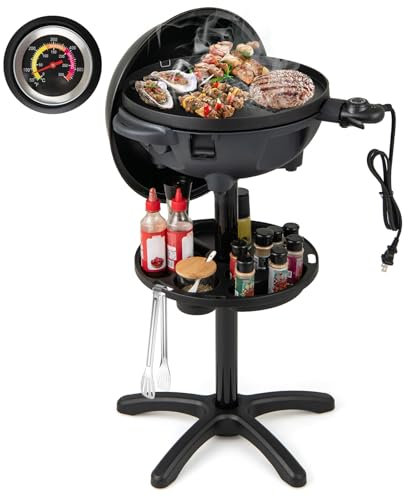 GYMAX 2-EN-1 Gril Barbecue Electrique sur Pied/Table, pour Intérieur/Extérieur, avec Thermomètre, Régulateur pour Contrôle de Température 180-270℃, 2 Zones de Cuisson, Plateau de Rangement