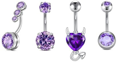 Briana Williams 4pcs 14G Belly Button Bar Ring Silver Stainless Steel Navel Piercing 10mm Heart Purple CZ Belly Jewelry for girl women