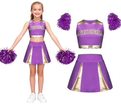 maxToonrain Girls Cheerleader Costume Shiny Gold Accents 3 PCS Kids Cheerleader Outfit with Pom Poms, Top, Skirt for 2026 World Book Day Halloween School Musical Events (Purple, 11-12Y)