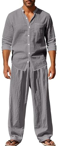 Sommaroutfit herr 2 delar linne fritidsoverall tvådelad långärmad skjorta och linnebyxor andas bekväm linnedräkt lös passform vardagskläder enfärgad träningsoverall ståkrage linneskjorta