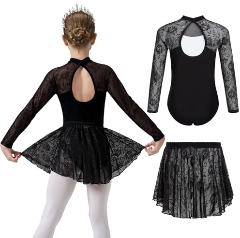 Gogokids Ballet Leotards for Girls Long Sleve Lace Leotards Toddler Dance Dress with Removable Skirt Combo for 3-12 Years