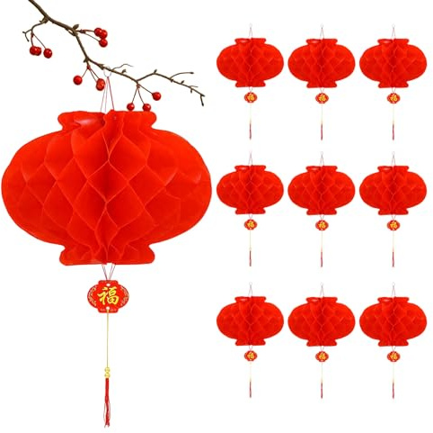 Faroles Chinos Rojos de Papel de 23 cm, Paquete de 10 Decoración de Linterna de Papel Aceitados Impermeables, Ideales para Festivales de Primavera, Bodas, Restaurantes y Entradas de Casas