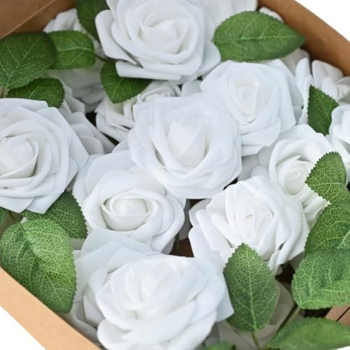 Rose artificiali, con rose realistiche in schiuma di polietilene, per centrotavola da matrimonio ed elegante decorazione per la casa, bianco, rosso o viola, 26 x 26 x 6,5 cm (bianco)