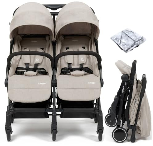 Puggle City Traveller Double Pushchair (Cashmere) | Flexible Double Buggy with Compact One-Hand Fold, Rain Cover & Reclining Seats – Lightweight Stroller from Birth