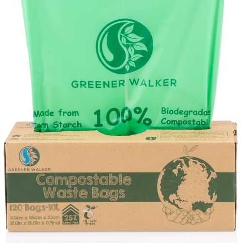 Greener Walker 25% Extra Thick Compost 6L/10L/30L Caddy Bin Liners-120 Bags Biodegradable Kitchen Food Waste Bags(10L)