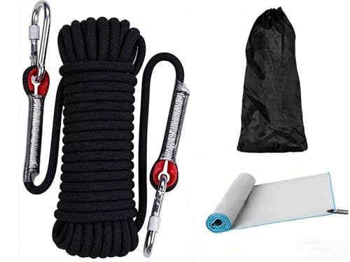 Corde d'escalade statique10.5mm Certifiée UIAA/CE - Résistance 1200kg - Nylon Haute Performance avec Mousquetons - pour Alpinisme, Rappel, Canyonning (20m) Noir