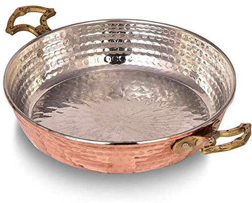 Hakan Copper Round Chef Pan | Traditional Ottoman Style Handmade Frying Pan | Authentic Design Hand-Crafted Hammered Copper Sahan | Turkish Egg Omelet Skillet, 7”