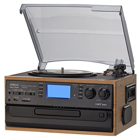 ORCC Tocadiscos Bluetooth 10 en 1 para discos de vinilo con altavoz, casete de CD de vinilo AUX a MP3 USB/SD codificación convertido, radio, conector de auriculares, RCA, control remoto