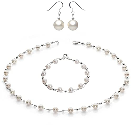 Perlenkette Collier Armband Ohrringe Schmuck-Set weiß echte Perlen Hochzeit Damen Frauen Brautschmuck