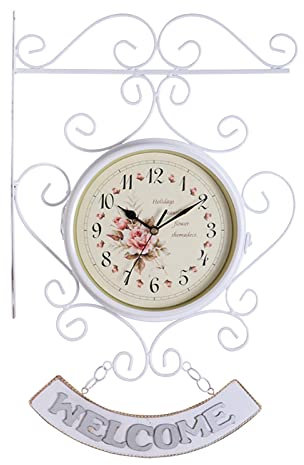 Folpus Orologio da Parete a Doppia Faccia in Stile Stazione Ferroviaria Europea, Orologio Artistico in Metallo Classico in Ferro Creativo, Decorativo per Uff, Bianco