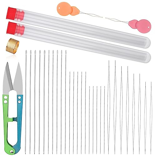Lot de 28 aiguilles à perles avec aiguilles droites pour fil à perles aiguilles à gros yeux, aiguilles à broder avec bouteille d'aiguille, dé à coudre, enfile-aiguille pour la fabrication de bijoux