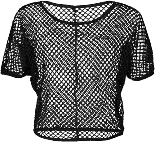 ELFIN Damen Netzshirt Netztop Netzhemd Crop Top 80er Jahre Outfits Karneval Fasching Motto Party Tops Netzoberteil Sommertops, Schwarz, XL