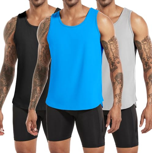 Boyzn 3 Pack Men's Cotton Running Tank Tops, Workout Bodybuilding Sleeveless T-Shirts, Summer Athletic Gym Fitness Vest Tops, Quick Dry Sports Vest Tops Training Muscle T Shirts Black/Gray/Blue-3P04-L