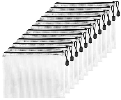 Fousenuk 12 Pcs Pochette Document Zippée A5, PVC Transparentes Document Dossier, Étanche Sac Plastique Zip, Pochette à Fermeture, Mesh Zipper Pouch pour Voyage, Fournitures, Bureau, noir