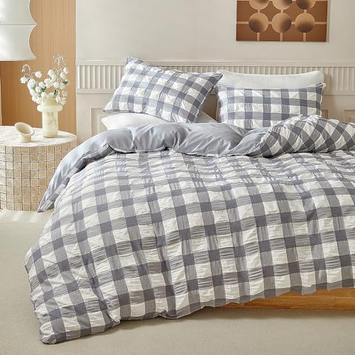 Nyescasa Seersucker Bettwäsche 135x200 2 Teilig Grau Kariert Bettwäsche-Set Geprägt Streifen Strukturiert Wendebettwäsche Weiche Mikrofaser Modern Bettbezug mit Reißverschluss und Kissenbezug 80x80cm