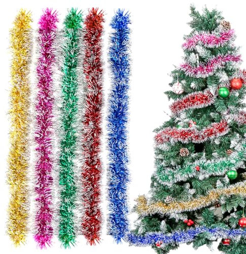 Sprinlot Guirlandes de Sapin Noel, 10M Guirlandes Multicolore Tinsel Noël, Guirlandes Tinsel Métallique, Guirlande Fête de Noël Décoration