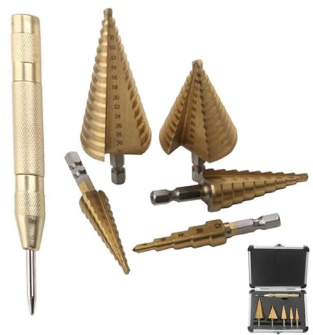 Bamyli 6 Pcs Step Drill Bits Set High Speed Steel Titanium Coated Cobalt Cone Step Drill Bit with Automatic Center Punch,Step Bits for Plastic Wood Metal Aluminum Iron DIY