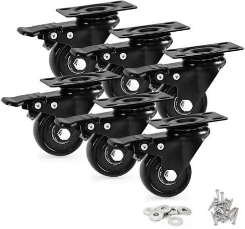 Caster Wheels, Heavy Duty 50mm Casters Set of 6, Locking Swivel Casters Wheels for Cart, Furniture and Workbench, Black