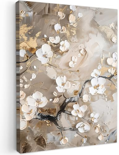 MuchoWow© Stampa Foto 50x70 cm Quadro Moderno Quadri Moderni Soggiorno Con Cornice Stampe Da Parete Camera Da Letto Matrimoniale Decorazione Canvas Fiori - Bianco - Oro - Beige - Lusso