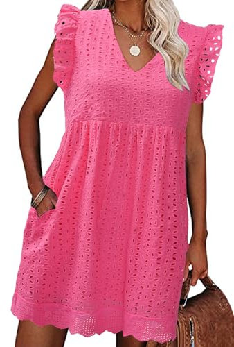heekpek Womens Summer Dress Casual V Neckline Ruffle Sleeve Loose Sleeveless Dress Boho Floral Sundress Beach Mini Short Dresses for Holiday Daily, Pink, XL