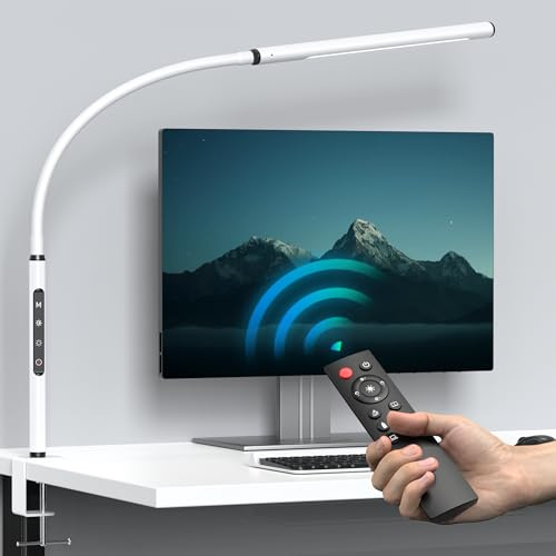 EYOCEAN Schreibtischlampe LED mit Fernbedienung, Verstellbare Schwanenhals Klemmleuchte, Einstellbare Dimmen & Farbtemperaturen, Berührungssteuerung Büro Tischlampe, 12W, Mattweiß