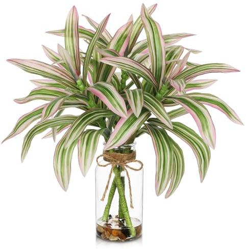 Oairse Faux Greenery Stems in Vase Dracaena Aritificial Plant in Glass Vase with Faux Water Stones 15.7 Small Potted Plants Arrangement Centerpieces for Farmhouse Kitchen Dinner Tables Greenery Decor