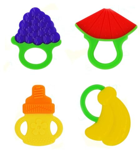 KEWUF Massaggia Gengive Neonati, Massaggiagengive per Bambini, Giochi Dentizione Neonato, Aiuto per la Dentatura, per Bambini a Partire dai 3 Mesi in Su, (4 Pezzi, Banana, Anguria, Uva, Bottiglia)