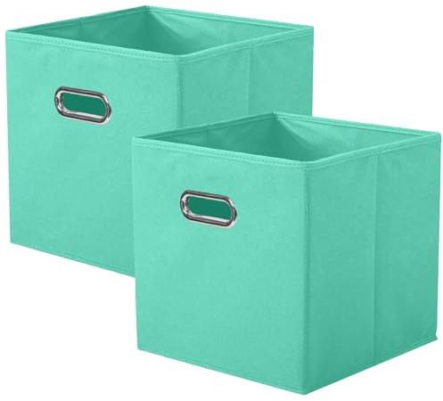 powerking Contenitore contenitore di stoccaggio in tessuto, 2 Pack pieghevole panno di stoccaggio Cube Organizer Cassetto con maniglia in metallo per armadio e giocattoli di stoccaggio, Verde Menta