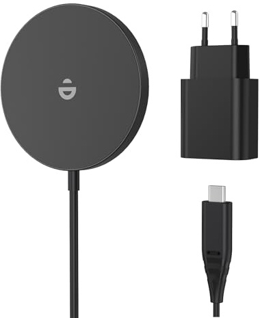 RoRoSkin Mag Safe - Caricatore per iPhone con adattatore USB-C da 20 W, stazione di ricarica induttiva per iPhone 17/16/15/14/13/12, con magnete, colore: Nero con adattatore