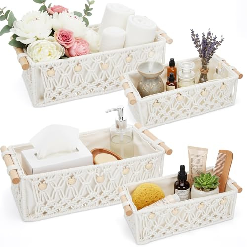 Vesici 4 Pcs Boho Macrame Baskets Shelves 13 11 White Wood Handles