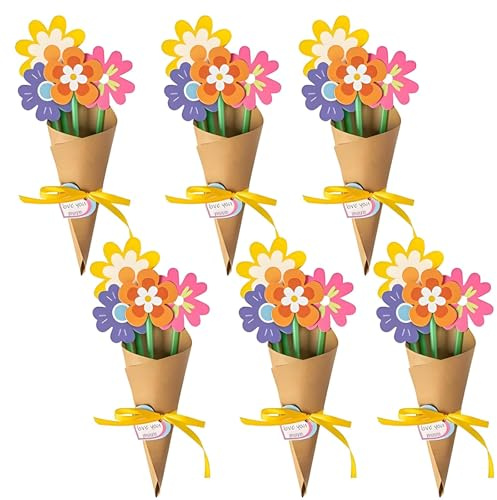 MICJLLT 6 Pcs Mothers Day Craft Kit - DIY Paper Flower Bouquet with Cones,Easy to Assemble Mothers Day Flowers Craft with Stems & 'Love You Mum' Tags Perfect Handmade Gift for School Classroom Home