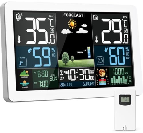 Weather Station Wireless Indoor Outdoor, Thermometer Wireless with Remote Sensor, Home Weather Station, Color Display Digital Weather Forecast, Humidity, Atomic Clock, Air Pressure for Home