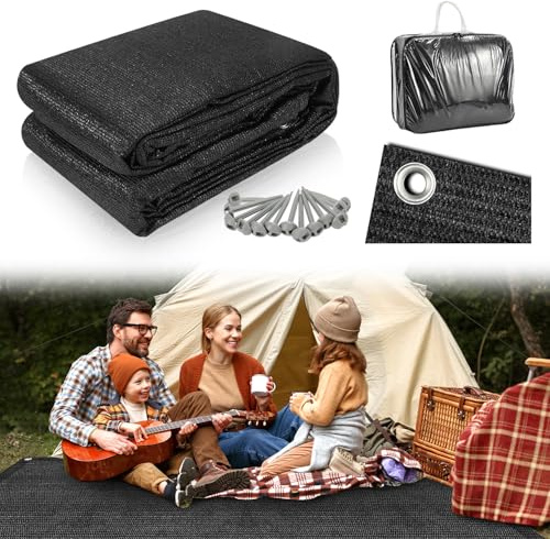 Vkechh 250 x 600 cm, tappeto per tende da sole, campeggio, per esterni, da campeggio con 12 fori, 13 picchetti e borsa per il trasporto, traspirante, antiscivolo, colore nero