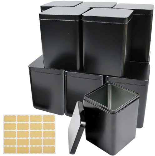 KAGEYMB 12 Latas Rectangulares para Té Clásicos 8x8x11cm con Etiqueta Tarros Metálicos para Té con Tapa Hermética para Evitar la Humedad Ideal para Guardar Café Azúcar Especias Frutos Secos y Galletas