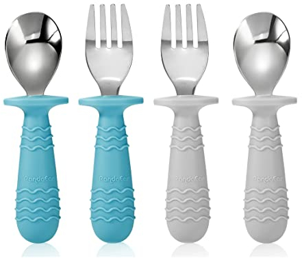 PandaEar Babylöffel Gabel 4-teiliges Babybesteck Set mit Silikon Rutschfesten Griffen und Edelstahl Gabel Löffel, Baby Fütterlöffel Säugling Esslöffel Kinderbesteck Lernlöffel BPA-frei ab 6+ Monate