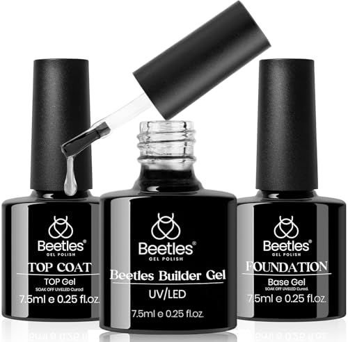Beetles 3 Pcs 7.5ml Builder Nail Gel No Wipe Base Top Coat Set, Shine Finish and Long Lasting, Soak Off LED Transparent Builder Strengthener Hard Gel, Glossy