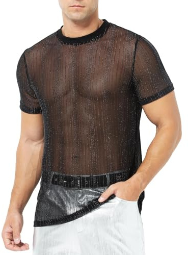 Casey Kevin Maglia Trasparente Uomo a Rete Camicia Paillettes Glitter Nera T Shirt Mesh Fishnet Discoteca Sexy Trasparenti Maglietta Muscoli Clubwear Party Night