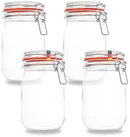 Flaschenbauer - 4-teiliges Set Drahtbügel-Vorratsgläser 1150ml, geeignet als Einmach- und Fermentierglas, zur Aufbewahrung, zum Befüllen, inklusive Etiketten, Gläser mit Drahtbügel - Made in Germany