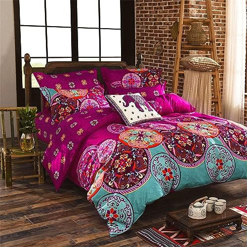 Freyamy Bettwäsche Bohemian 155x 220 Fuchsia Türkis Indisch Exotische Muster Premium Qualität Mikrofaser Böhmisch Bunt Bettbezüge und Reißverschlus Kissenbezug 80x80