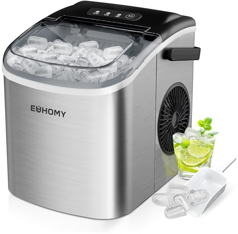 EUHOMY Ice Maker Machine Countertop Ice Cube Maker with Portable Handle, 9 Ice Cubes in 6 Mins, Self-Cleaning Compact Ice Maker 12 kg in 24 Hrs, with Ice Scoop and Basket for Home/Kitchen/Office/Bar