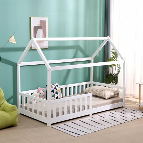 DONEWELL Kids Single Bed Frame - White House-Shaped Bed with Fence,Mattress Size:90x190cm(Mattress Not Included)