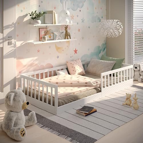 CADANI Timi 2in1 Bodenbett 90x200 cm Montessori Kinderbett mit abnehmbaren Rausfallschutz inkl. Lattenrost, Kiefer Massivholz, weiß - 3 Aufbauvarianten, bis 200 kg belastbar, umbaubar