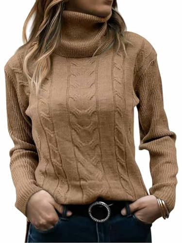CheChury Pull Femme Hiver Col Roulé Décontracté Tricoté Pulls Basique Elástique Manches Longues Ample Mode Pullover Col Rond Hauts Chaud Pullover pour Automne Hiver,Marron,M