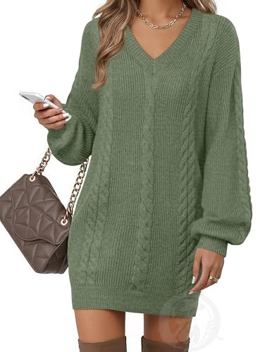 VAFOLY Womens Casual Outfits Oversized Sweater Dress 2025 Fall Long Sleeve Pullover Sweaters Trendy V Neck Knit Mini Dresses Winter Wedding Guest Dress Winter Skirts Date Night Outfit Olive-Green M
