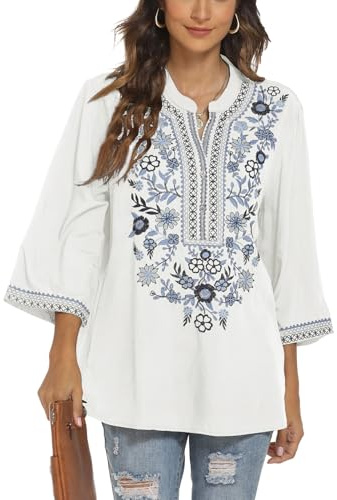 Seasonal Camicetta hippie da donna Bohemian Messican Top 3/4 Manica Scollo a V Button-up Tunica Folklore Camicetta Con Ricamo, Bianco-372, XL
