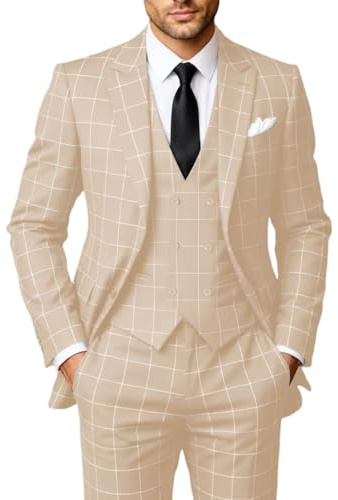 Solovedress Trajes para hombre de 3 piezas Clásico a cuadros Traje de hombre Chaqueta, pantalones y chaleco para bodas y negocios, beige, XL
