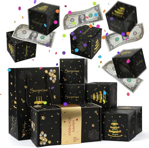 ANOMM Birthday Surprise Money Explosion Box, Folding Pop up Money Gift Box, Black Gold Bouncing Cash Boxes, 10Pcs Exploding Box with Confetti, Happy Birthday Mystery Box for Kids Boys Girls Men Women