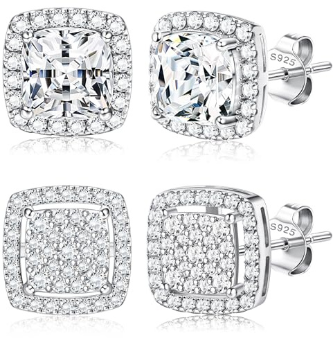 Dochais 2 Paire de Boucles d'Oreilles Unisexes en Argent 925 Plaqué Or 14K, Zircons Cubiques Ronds et Carrés Style Diamant, Iced Out, Hypoallergéniques